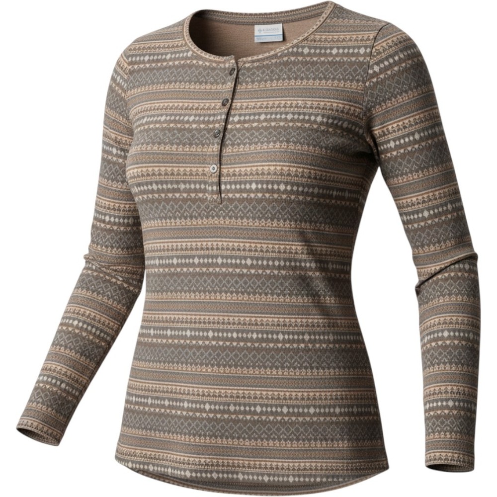 Columbia Womens Large Grey Geometric Fair Isle Aztec Long Sleeve Henley Top L